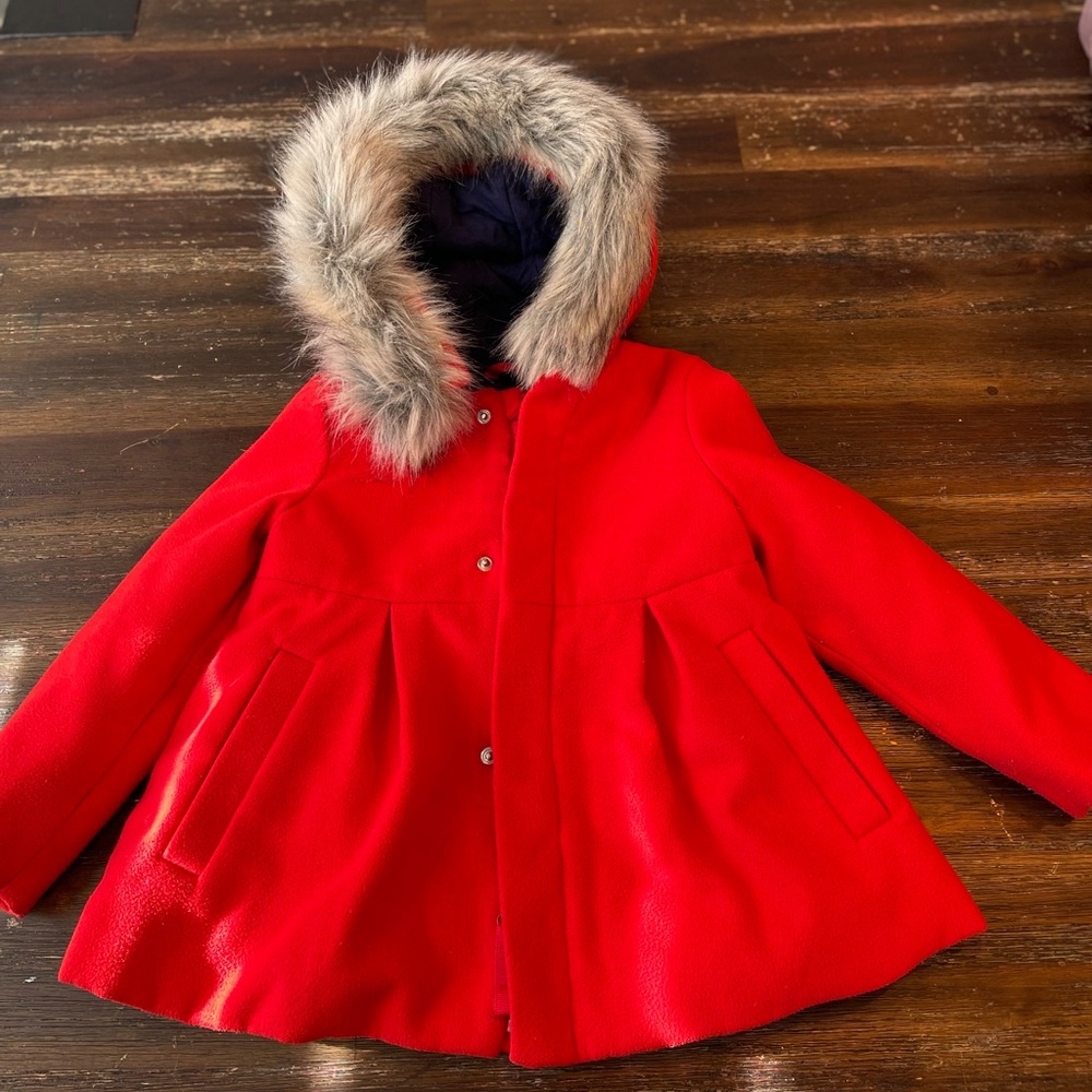 Toddler Girl’s peplum peacoat with faux fur hood